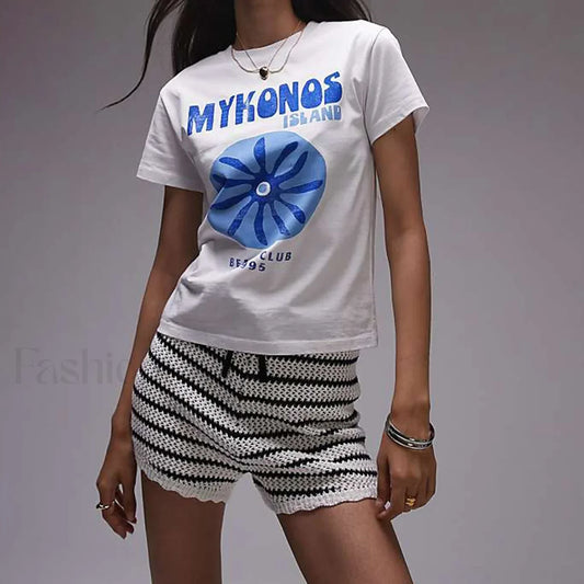 Casual Letter Print Round Neck T Shirt WHITE / S