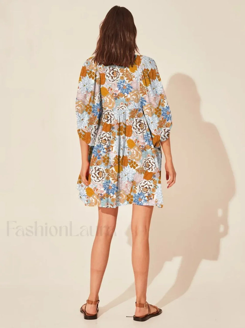 Casual Loose Floral Print Spring/Summer Women’s 2024 New Lantern Sleeves Lace up V neck Mini Dress