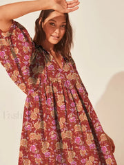 Casual Loose Floral Print Spring/Summer Women’s 2024 New Lantern Sleeves Lace up V neck Mini Dress