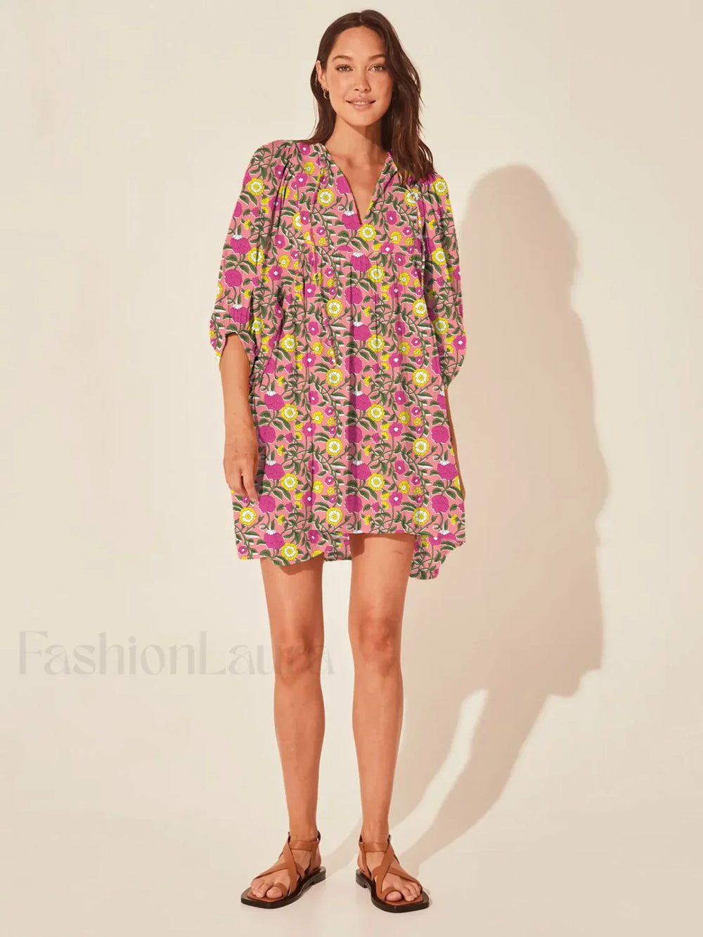 Casual Loose Floral Print Spring/Summer Women’s 2024 New Lantern Sleeves Lace up V neck Mini Dress Coral / S