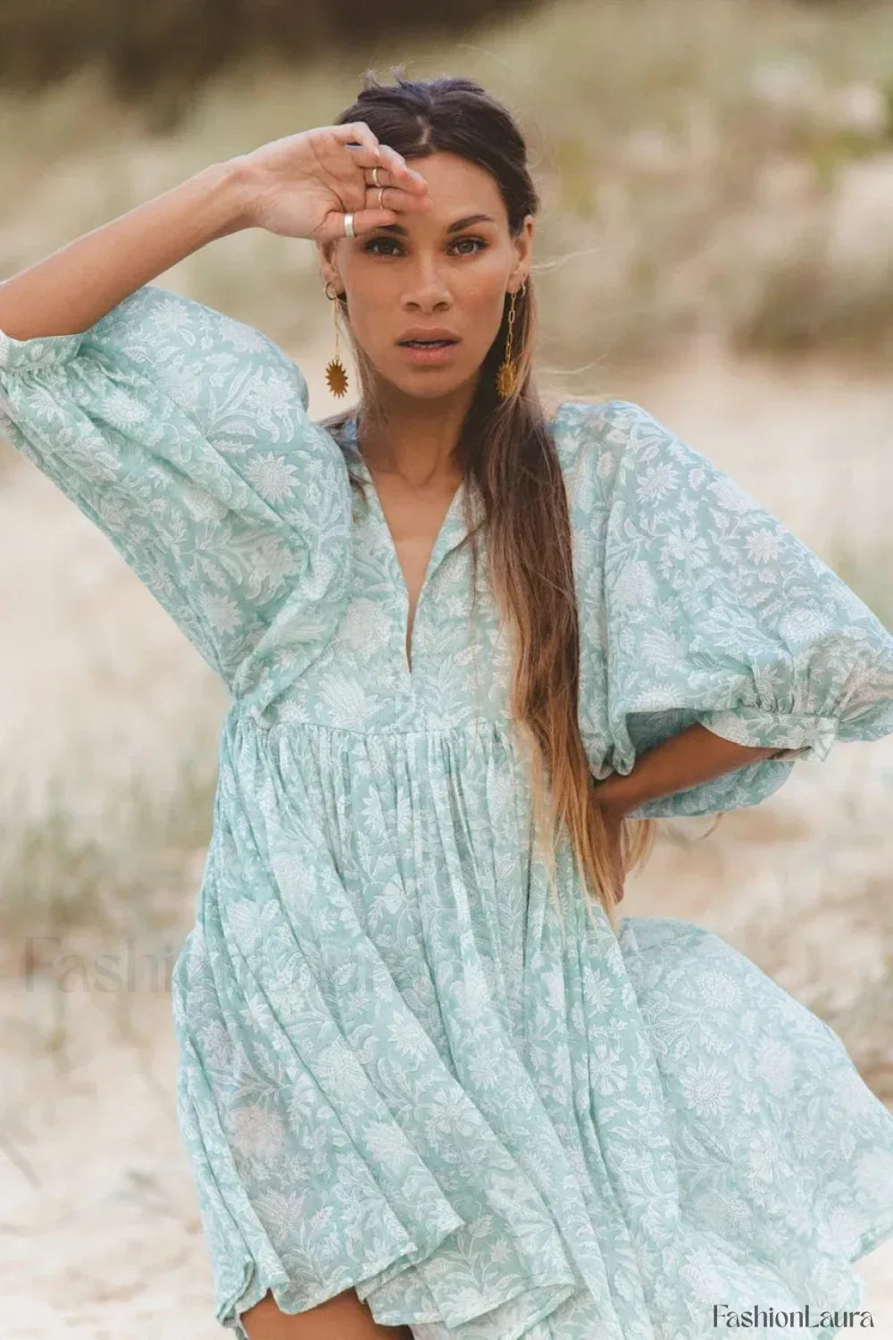 Casual Loose Floral Print Spring/Summer Women’s 2024 New Lantern Sleeves Lace up V neck Mini Dress GREEN / S