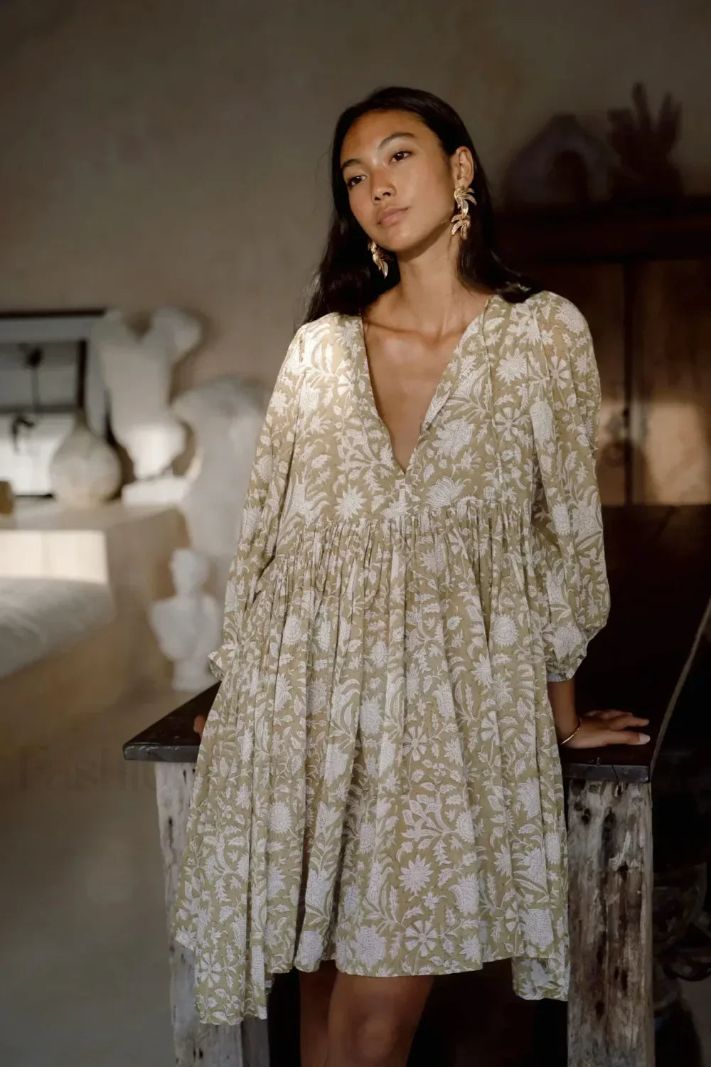 Casual Loose Floral Print Spring/Summer Women’s 2024 New Lantern Sleeves Lace up V neck Mini Dress KHAKI / S