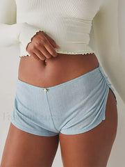 Casual Pajama Soft Comfy Side Split Ruched Elastic Lounge Short Blue / S