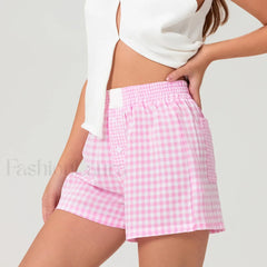 Casual Plaid Button Contrast Color Elastic Waist Summer Short
