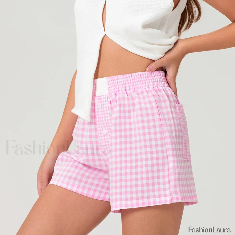 Casual Plaid Button Contrast Color Elastic Waist Summer Short