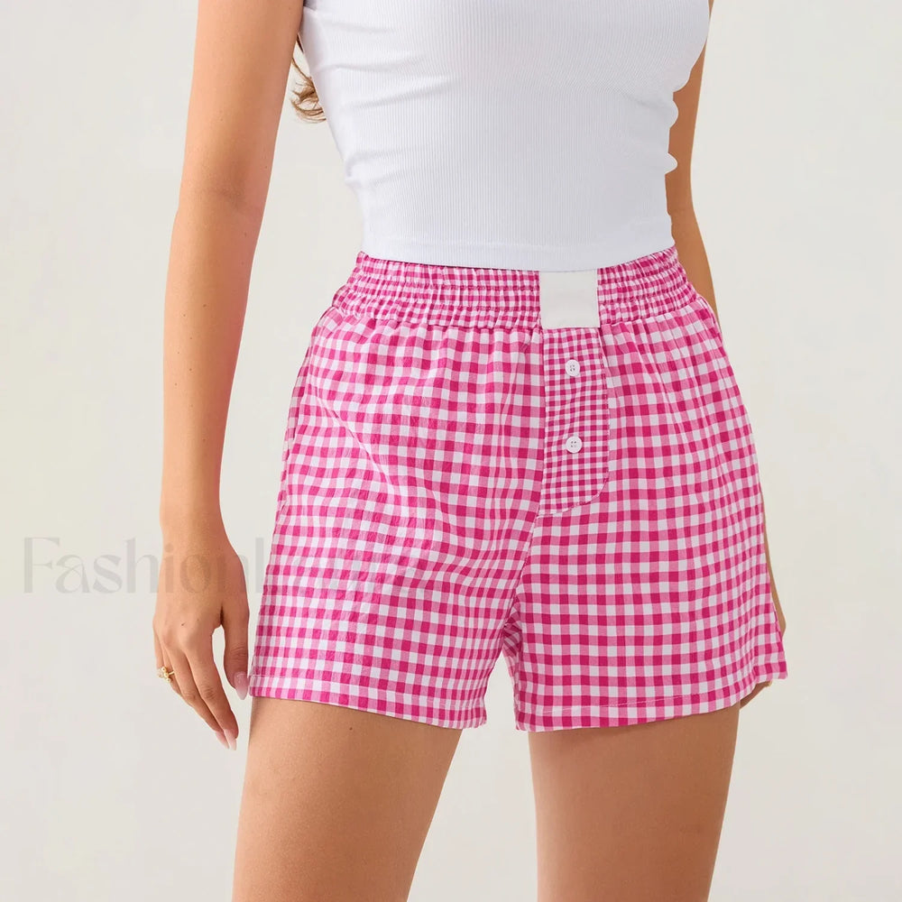 Casual Plaid Button Contrast Color Elastic Waist Summer Short Rose Red / S