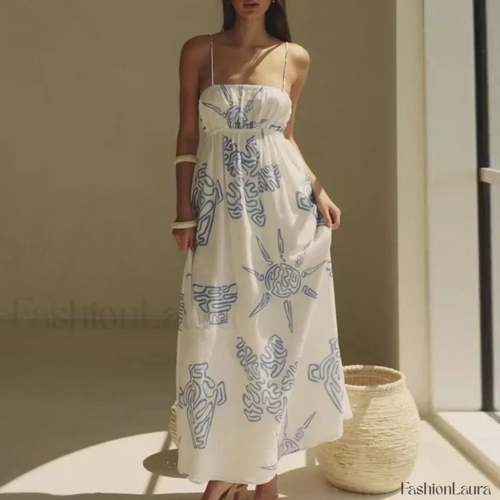 Casual Pleated Swing Dress Off Shoulder Floral Print Beach Floral Dress white / S