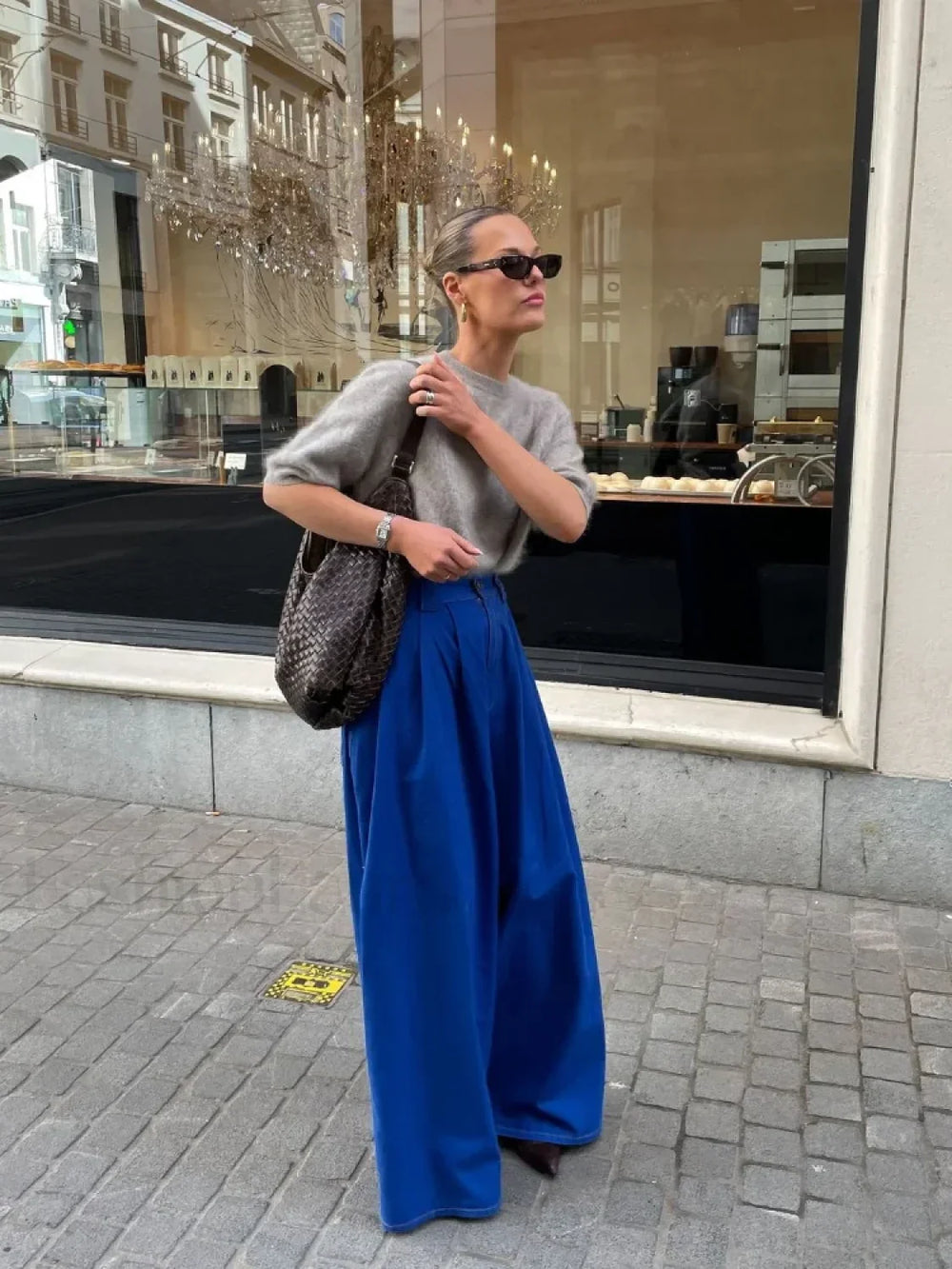 Casual Solid Color Short Sleeve Women’s Elegant Round Neck Loose Sweater Sweaters L