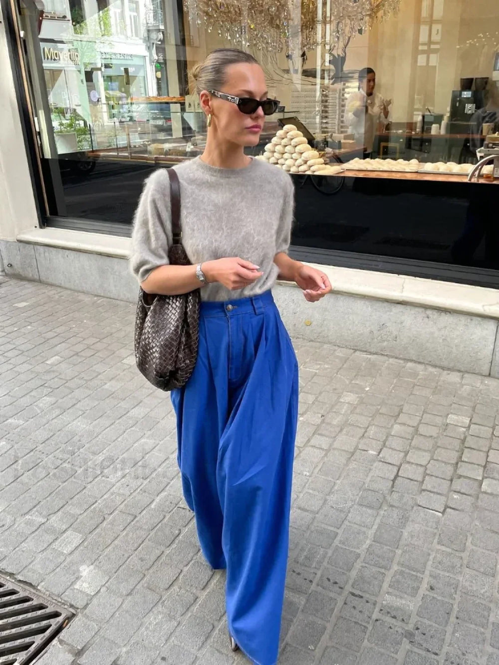 Casual Solid Color Short Sleeve Women’s Elegant Round Neck Loose Sweater Sweaters L