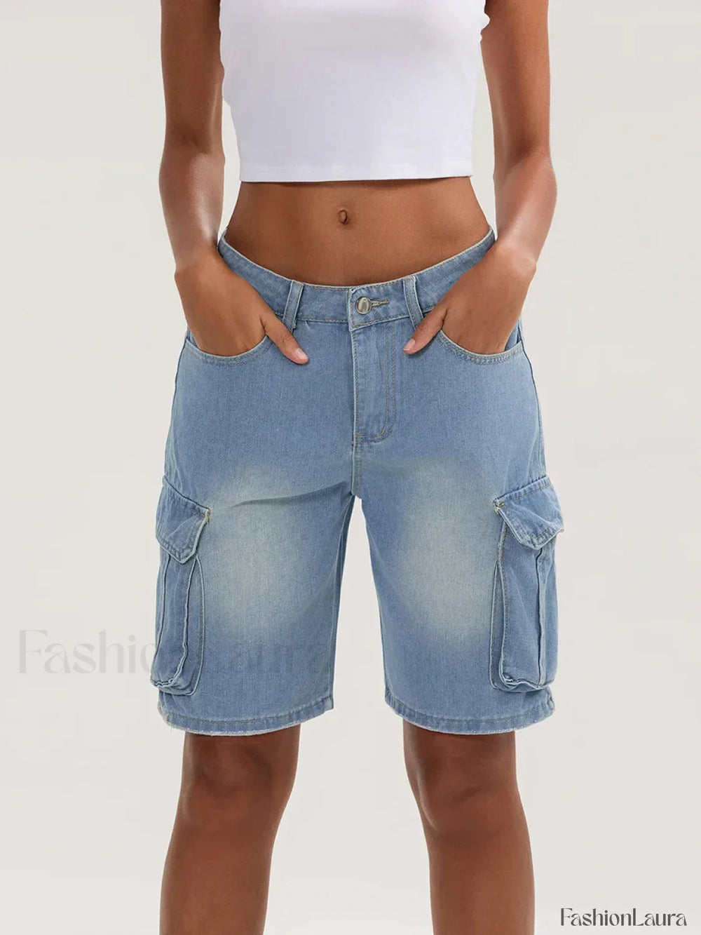 Casual Summer Denim Mid Rise Button Jeans Short SKY BLUE / S