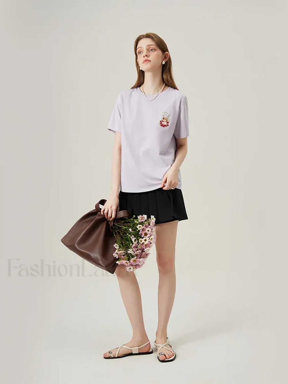 Cat Embroidered Korean Loose T Shirt PURPLE / XS