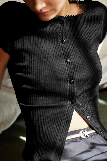 Button Short Sleeve Ribbed Cardigan Black / XS