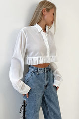 White Cropped Chiffon Ruffle Blouse