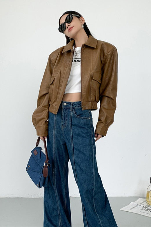 Short PU Leather Notch Lapel Jacket