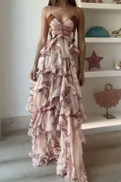 Chic V Neck Pleated Boho Dress Red / S