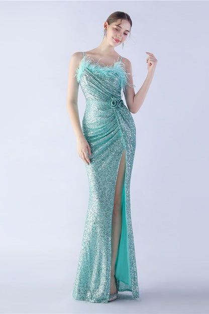 Ostrich Feather Embellished Maxi Dress Green / S