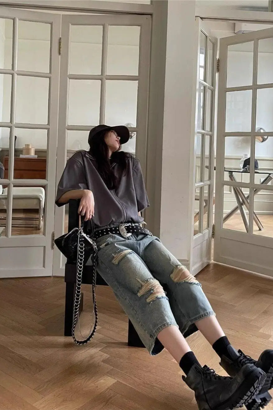 Loose Ripped Capri Wide Leg Jeans