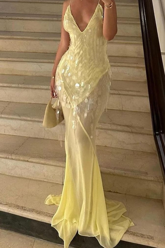 Sequin Mermaid V Neck Maxi Dress S / Yellow