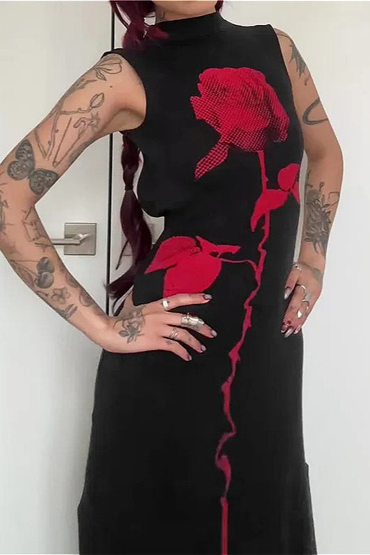 Halloween Gothic Rose Print Backless Long Dress