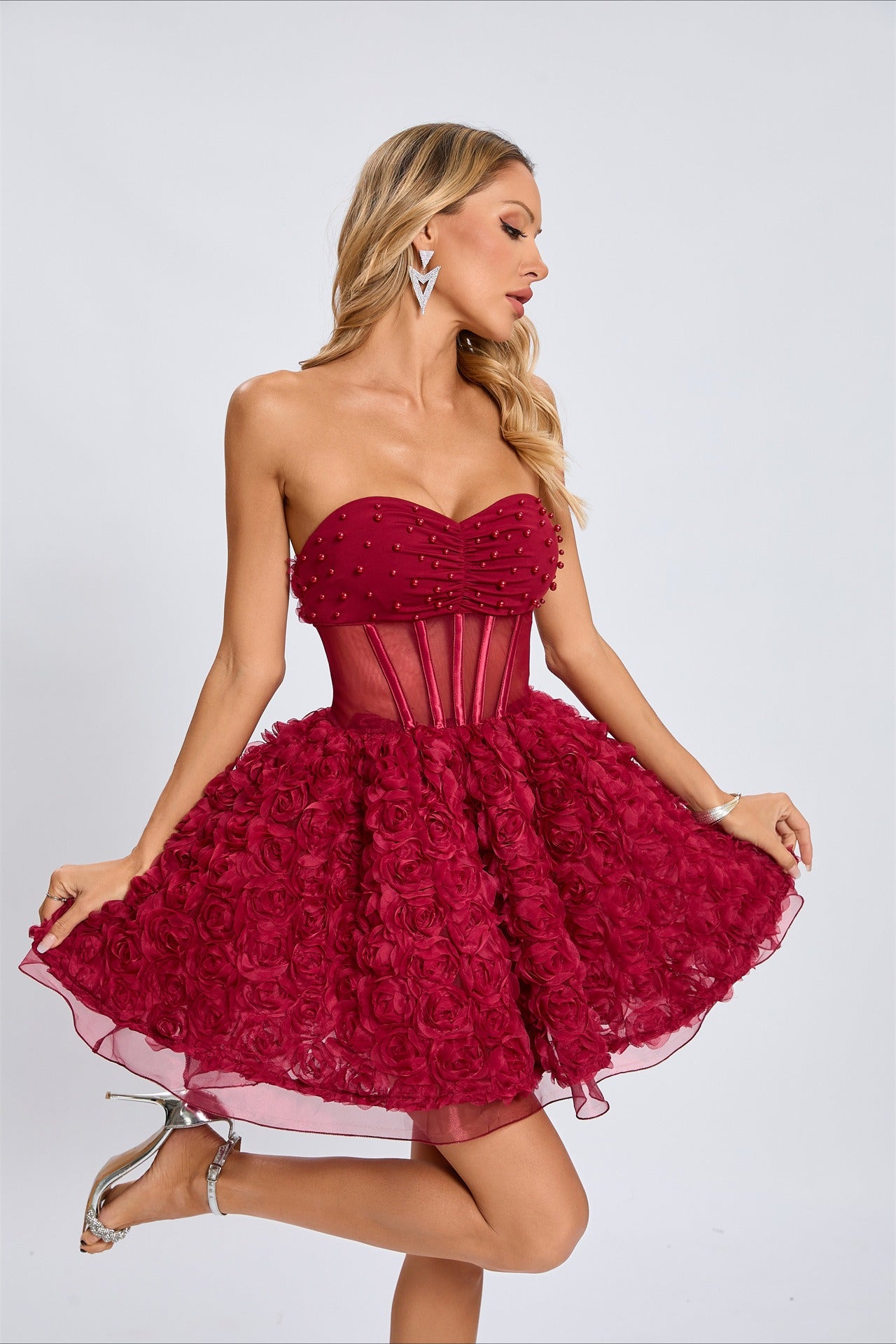 Beaded Strapless Puff Party Dress