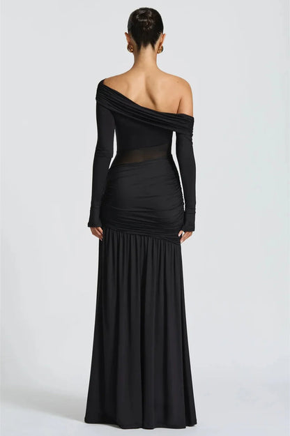 Off-Shoulder Long Sleeve Backless Thigh Split Maxi Dress