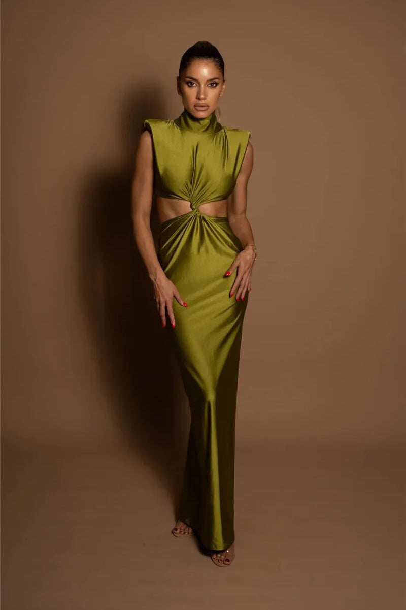 Hollow Out Turtleneck Sleeveless Bodycon Maxi Dress