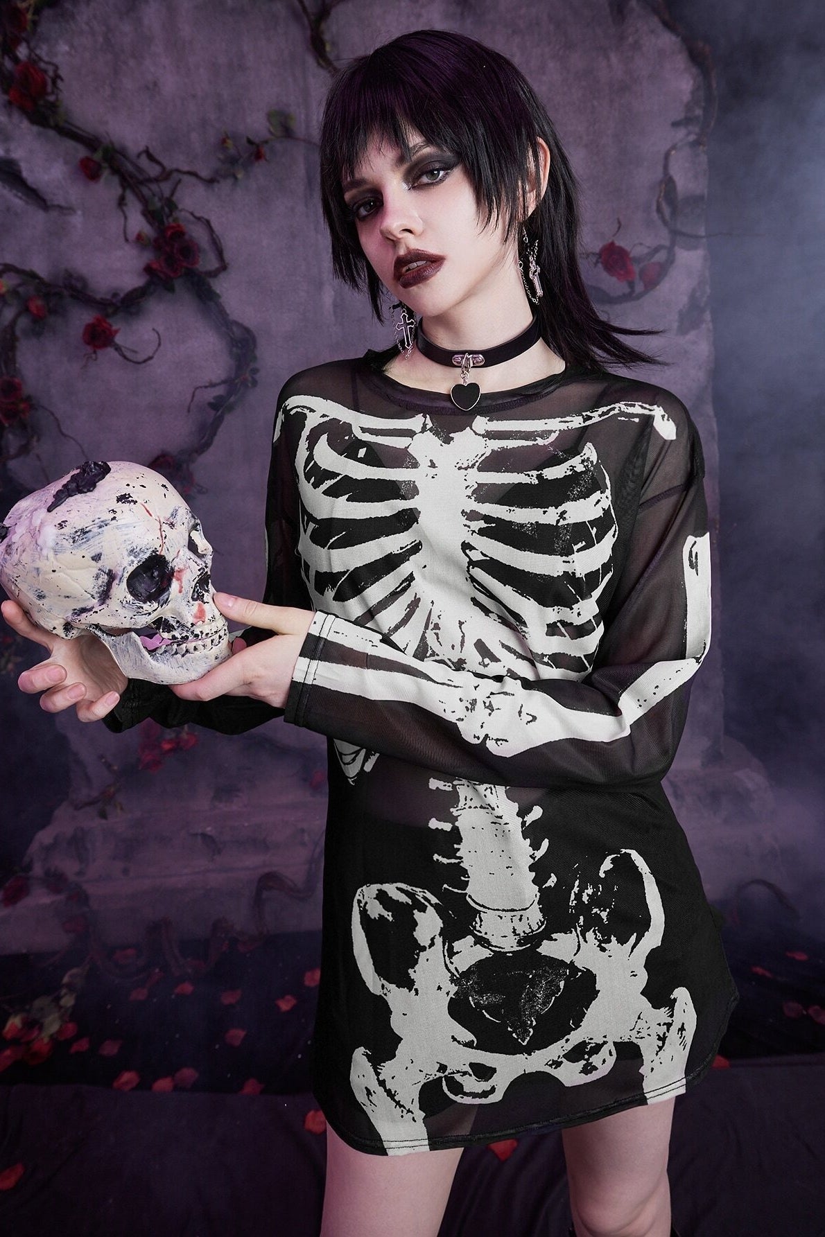 Mesh Skeleton Print Gothic T-Shirt