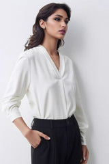 V Neck Satin Long Sleeve Blouse