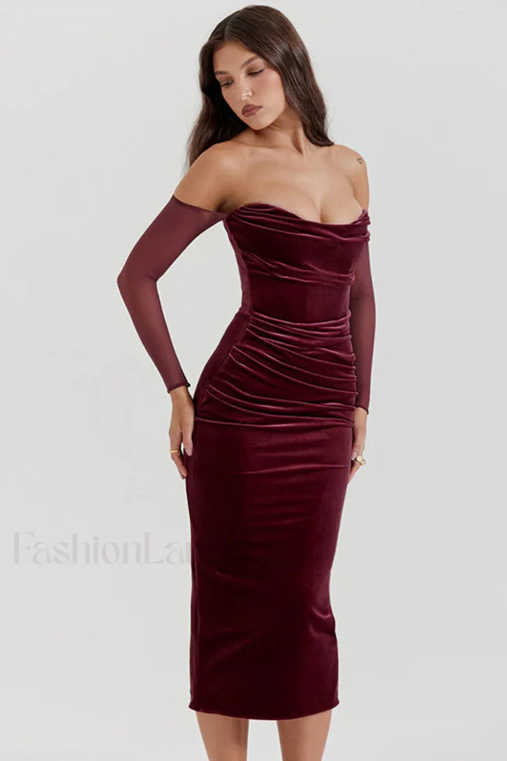 Celebrity Temperament Sexy Suede Shrinkle Shoulder Maxi Dress