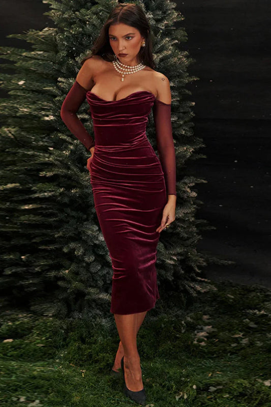 Celebrity Temperament Sexy Suede Shrinkle Shoulder Maxi Dress Burgundy / S
