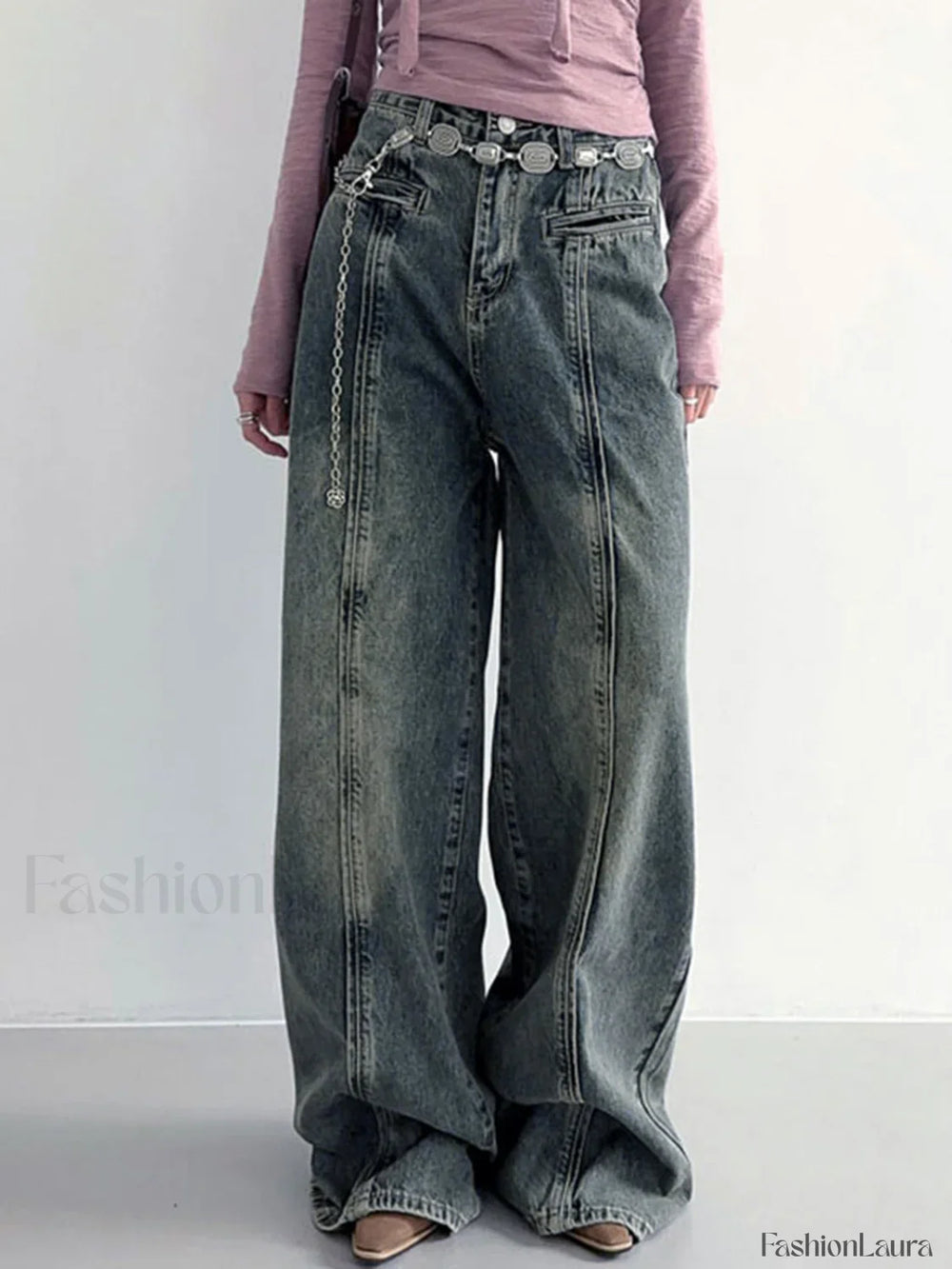 Center Stripe Wide Trendy Leg Jeans Without Belt Blue / XS Jeans