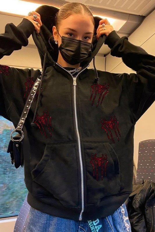 Spider Rhinestone Zipper Hoodie
