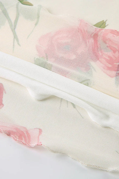 Floral Mesh V Neck Midi Dress