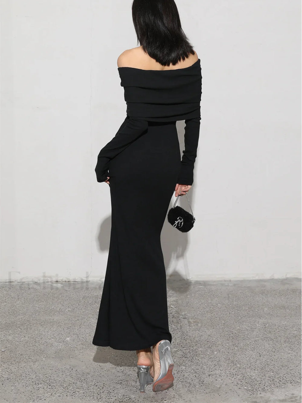 Charcoal Off Shoulder Overfold Modern Long Sleeve Long Dress Knit Dresses
