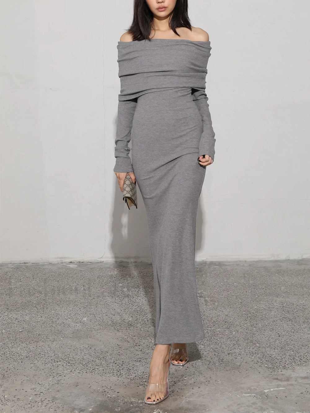 Charcoal Off Shoulder Overfold Modern Long Sleeve Long Dress Grey / XS Knit Dresses