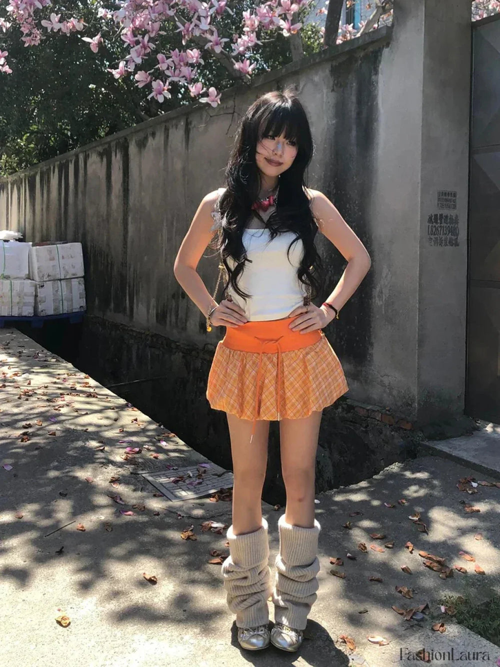 Checkered Bubble Drawstring Lounge Skirt Orange / S