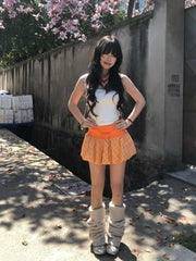 Checkered Bubble Drawstring Lounge Skirt Orange / S