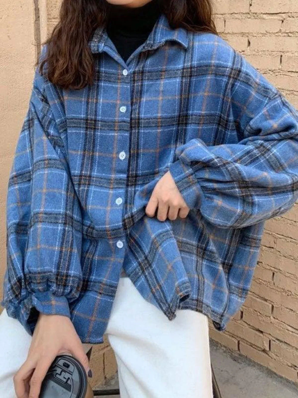 Checkered Print Button Blouse Blue / S Shirts