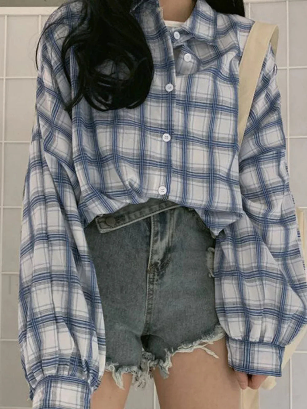 Checkered Puff Sleeve Button Blouse Long Sleeves