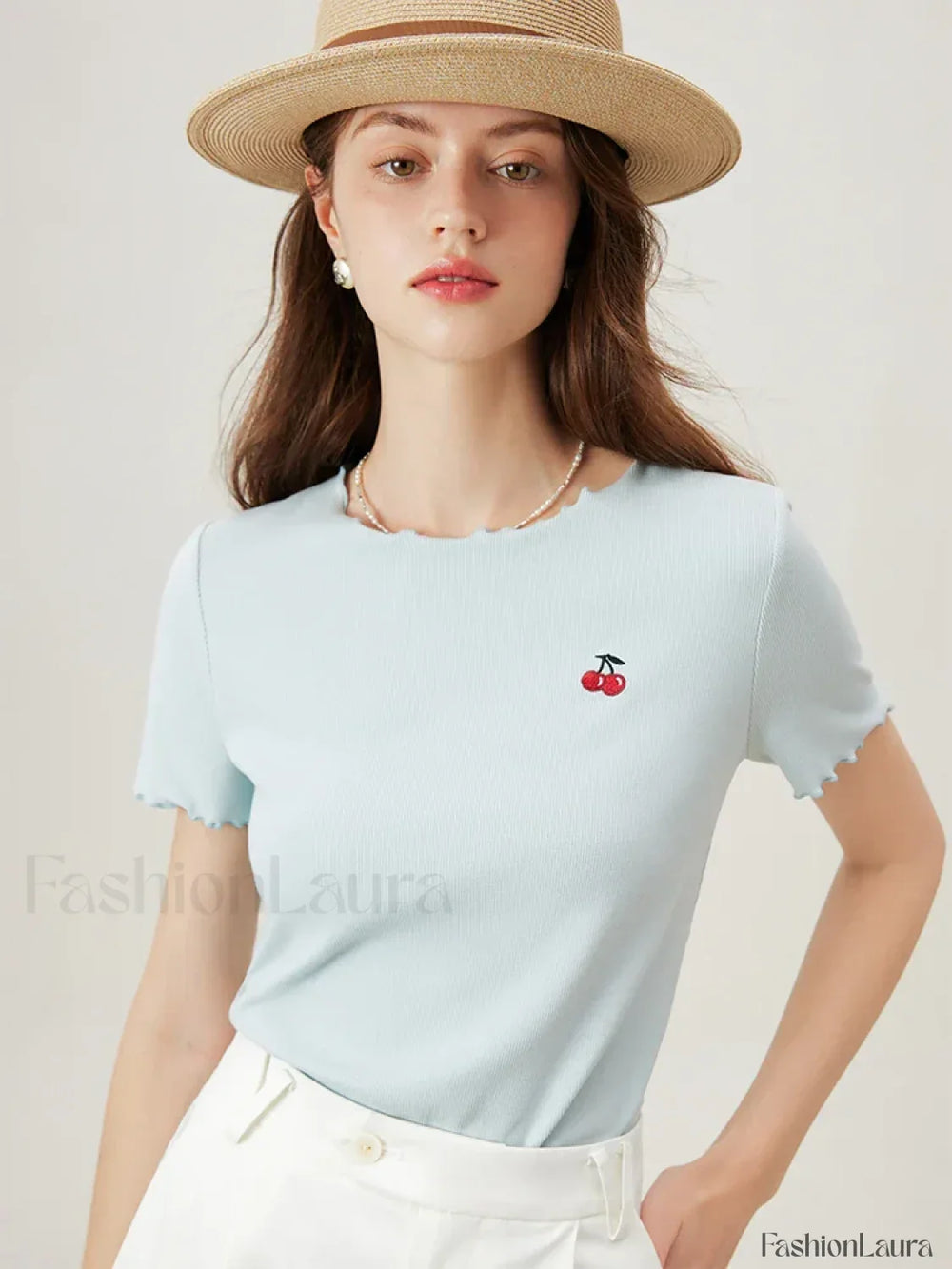 Cherry Embroidered Ruffled Knit T Shirt Light Blue / XS