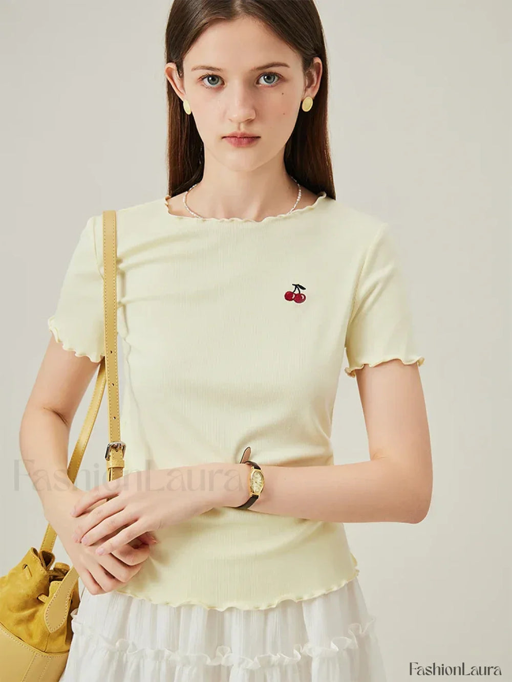 Cherry Embroidered Ruffled Knit T Shirt Light Yellow / XS