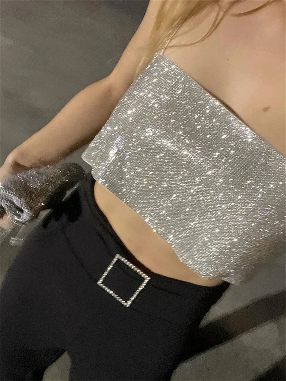 Chic Glitters Spaghetti Strap Shiny Bandeau Tube Crop Top