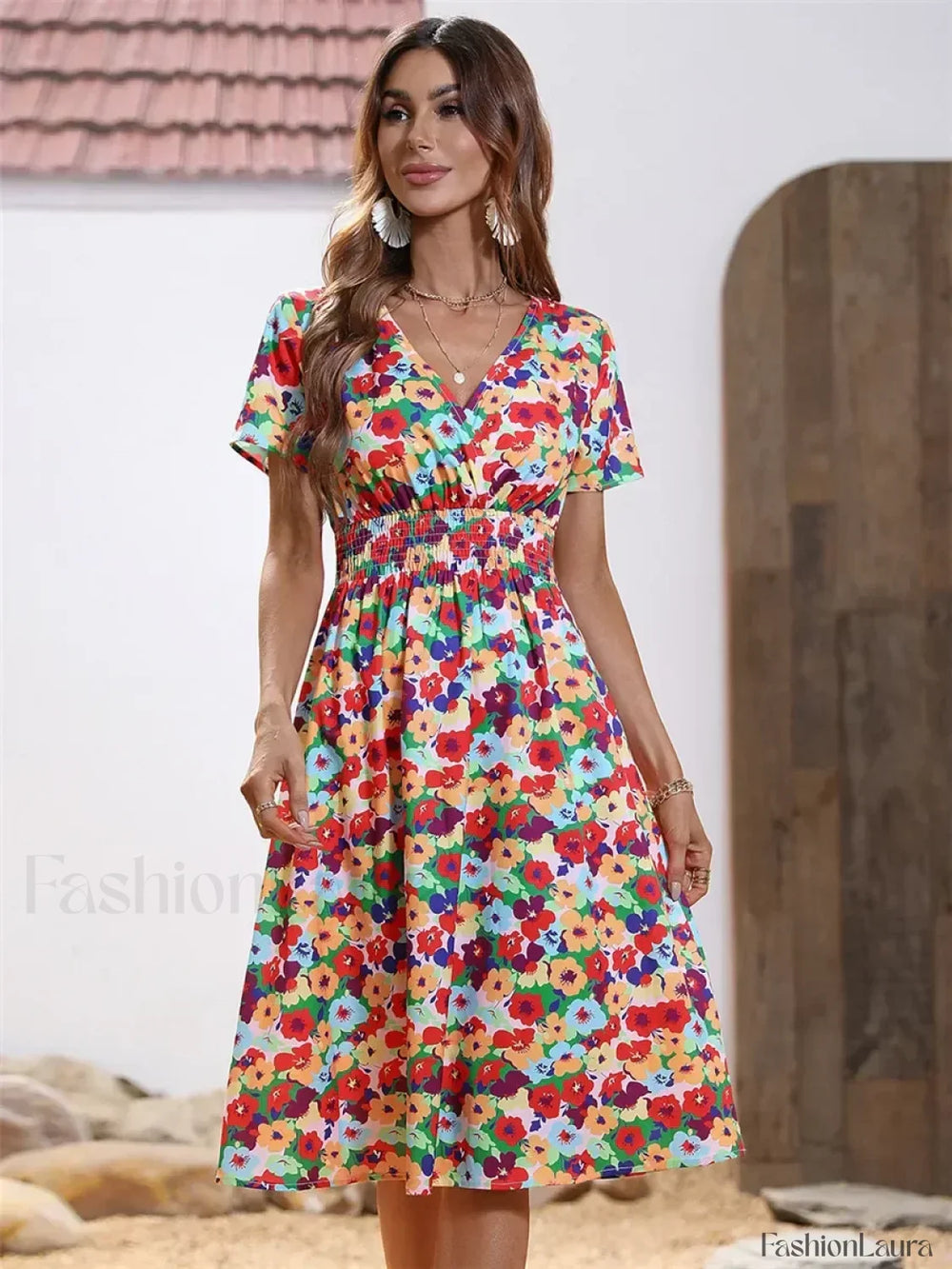 Chic Summer Fashionable Floral Navy Sleeveless Elegant Holiday Midi Dress 2856 Red / S
