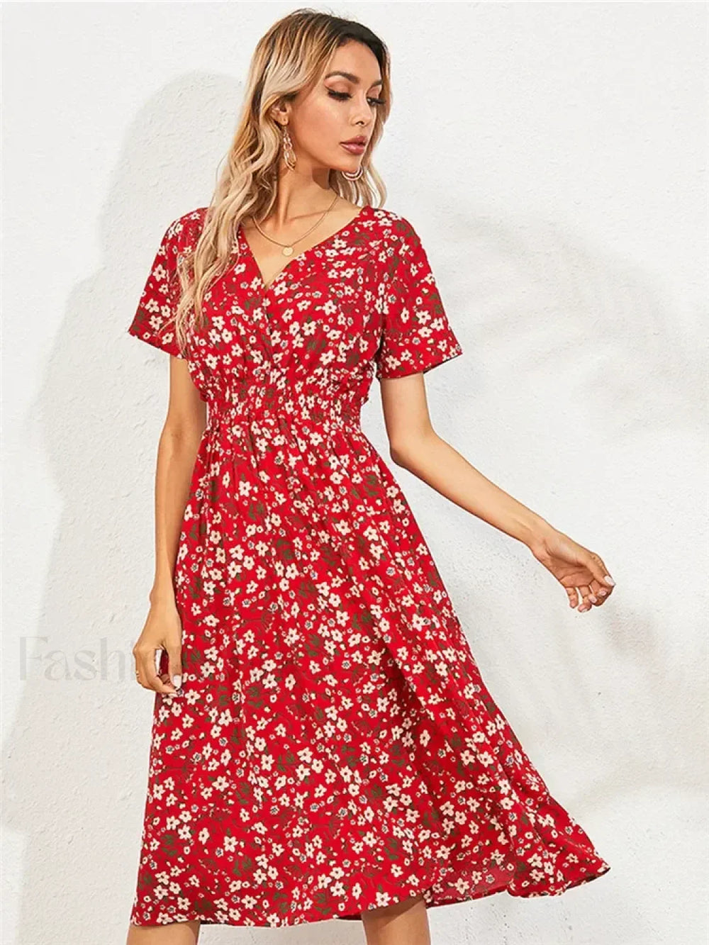 Chic Summer Fashionable Floral Navy Sleeveless Elegant Holiday Midi Dress RED / S