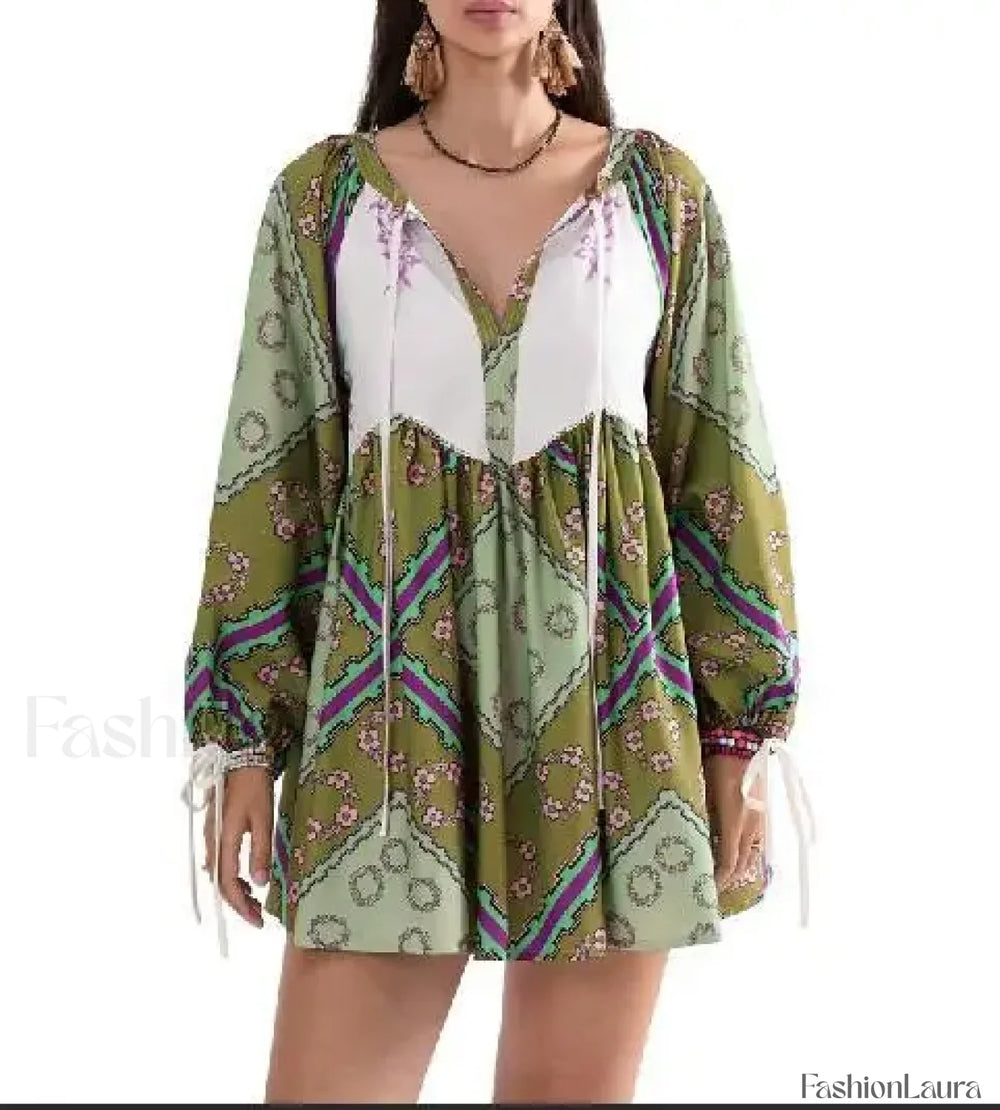 Chiffon Floral Tunic Boho Dress army green / S