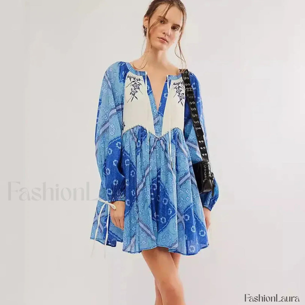 Chiffon Floral Tunic Boho Dress Blue / S