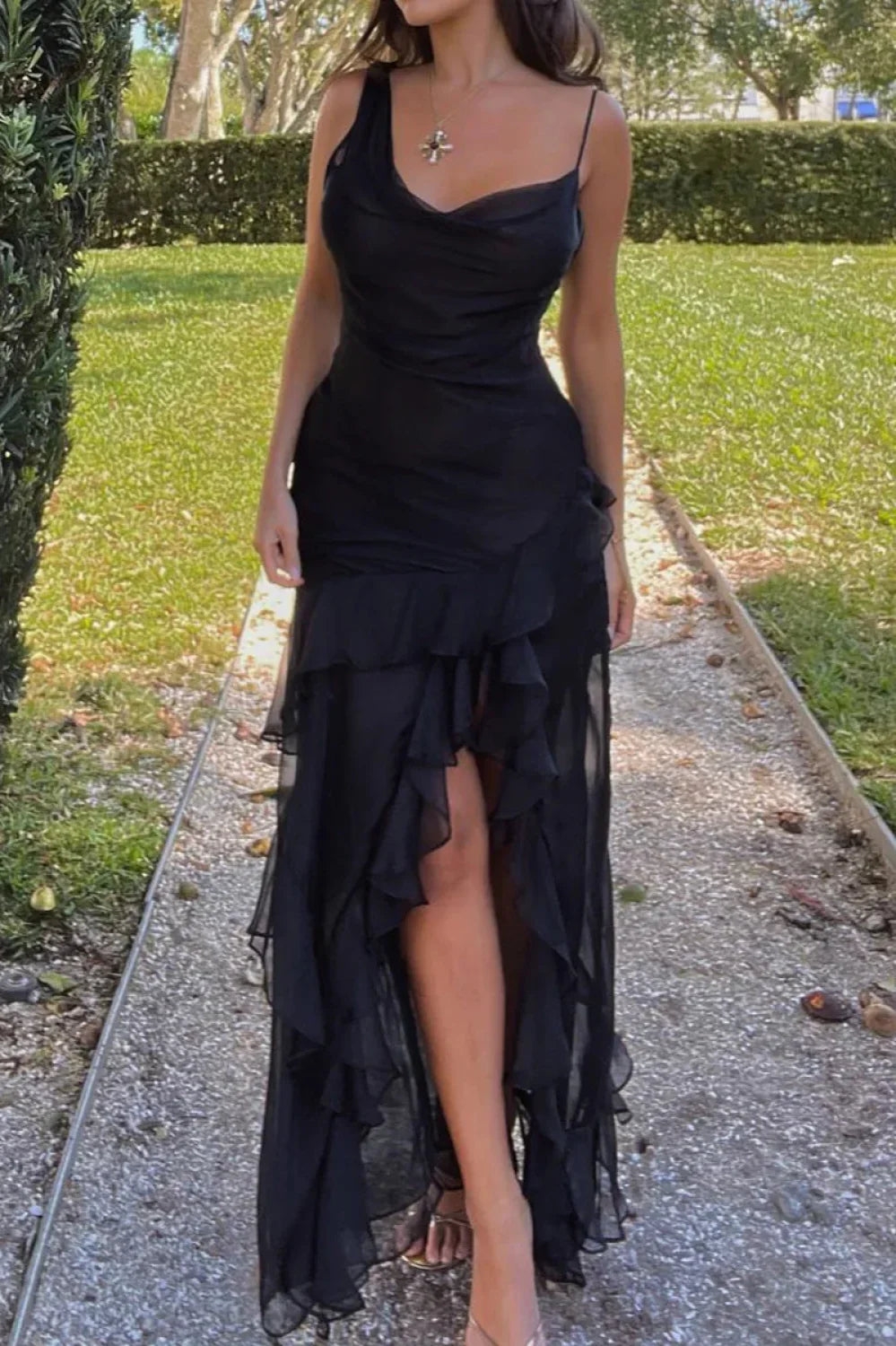 Chiffon Irregular Ruffle Edge Suspender Black Maxi Dress