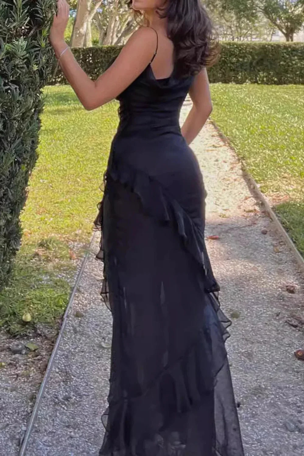 Chiffon Irregular Ruffle Edge Suspender Black Maxi Dress