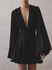 Chiffon Low Cut V neck Modern Pleated Zip Mini Dress Black / XS Dresses