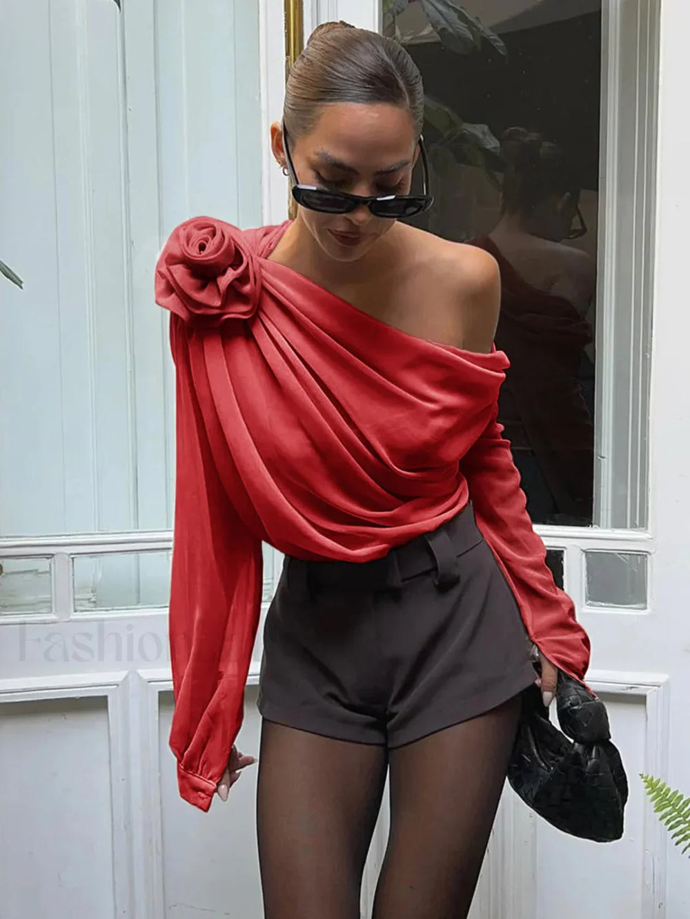 Chiffon Semi sheer One Shoulder Asymmetrical Blouse Red / XS Blouses